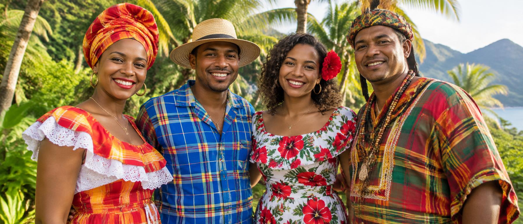 Quatre personnes en tenues traditionnelles : madras rouge et jaune, madras bleu, tissu réunionnais à hibiscus et madras de Guyane